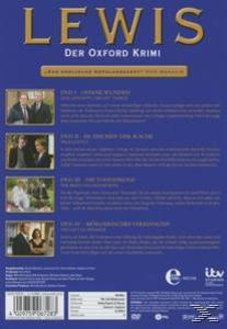 Rückseite einer DVD-Hülle für 'Lewis: Der Oxford Krimi', mit Bildern und Beschreibungen von Episoden.