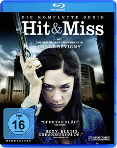 DVD-Hülle mit einer Frau, die eine Waffe hält. Der Titel lautet 'Hit & Miss'.