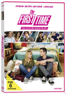Film-DVD-Cover: Charaktere aus The First Time, Text in Pink.