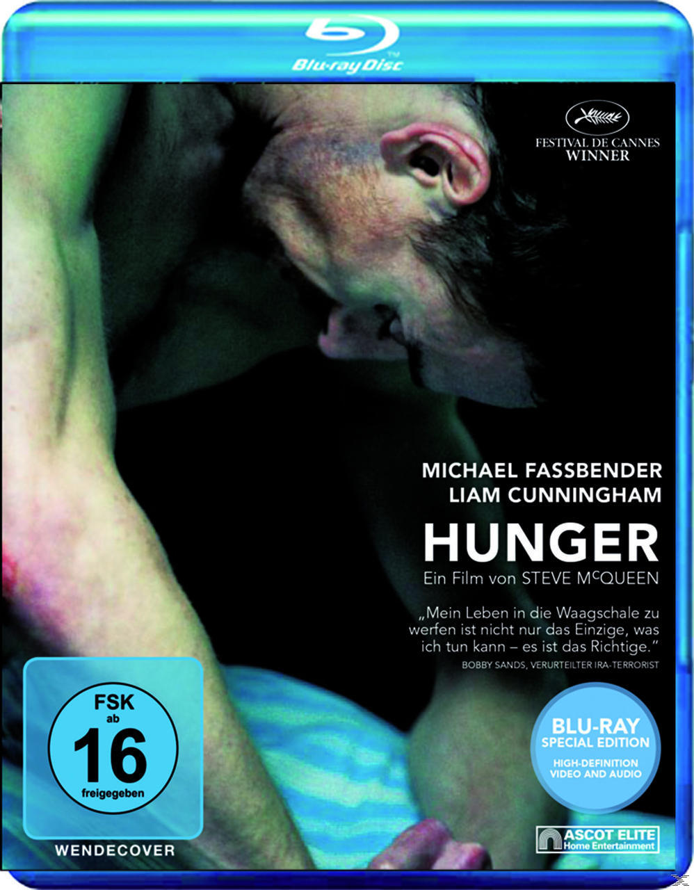 DVD-Cover: 'Hunger'. Der Torso eines Mannes ist zu sehen. Der Text enthält die Namen Michael Fassbender, Liam Cunningham und den Filmtitel.