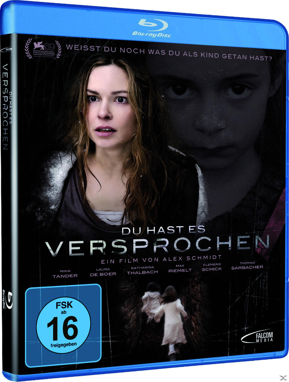DVD-Cover für einen Film mit einer verängstigt aussehenden Frau und zwei rennenden Kindern. Dunkler Hintergrund, blaues Gehäuse.