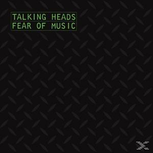 Albumcover für 'Talking Heads - Fear of Music'. Schwarzer Diamantmuster-Hintergrund und grüner Text.