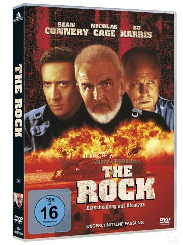 DVD-Cover: Sean Connery, Nicolas Cage, Ed Harris. Titel: The Rock. Brennende Flammen unten.