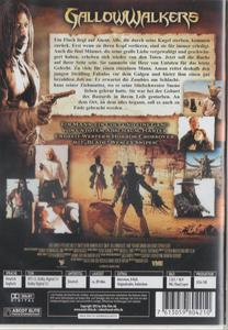 Rückseite einer DVD-Hülle mit einer Frau, die eine Waffe hält, und Bildern aus dem Film Gallowwalkers.