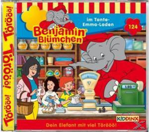 Benjamin Blümchen Albumcover. Es zeigt eine Zeichentrickszene in einem Geschäft mit einem Elefanten und Menschen.