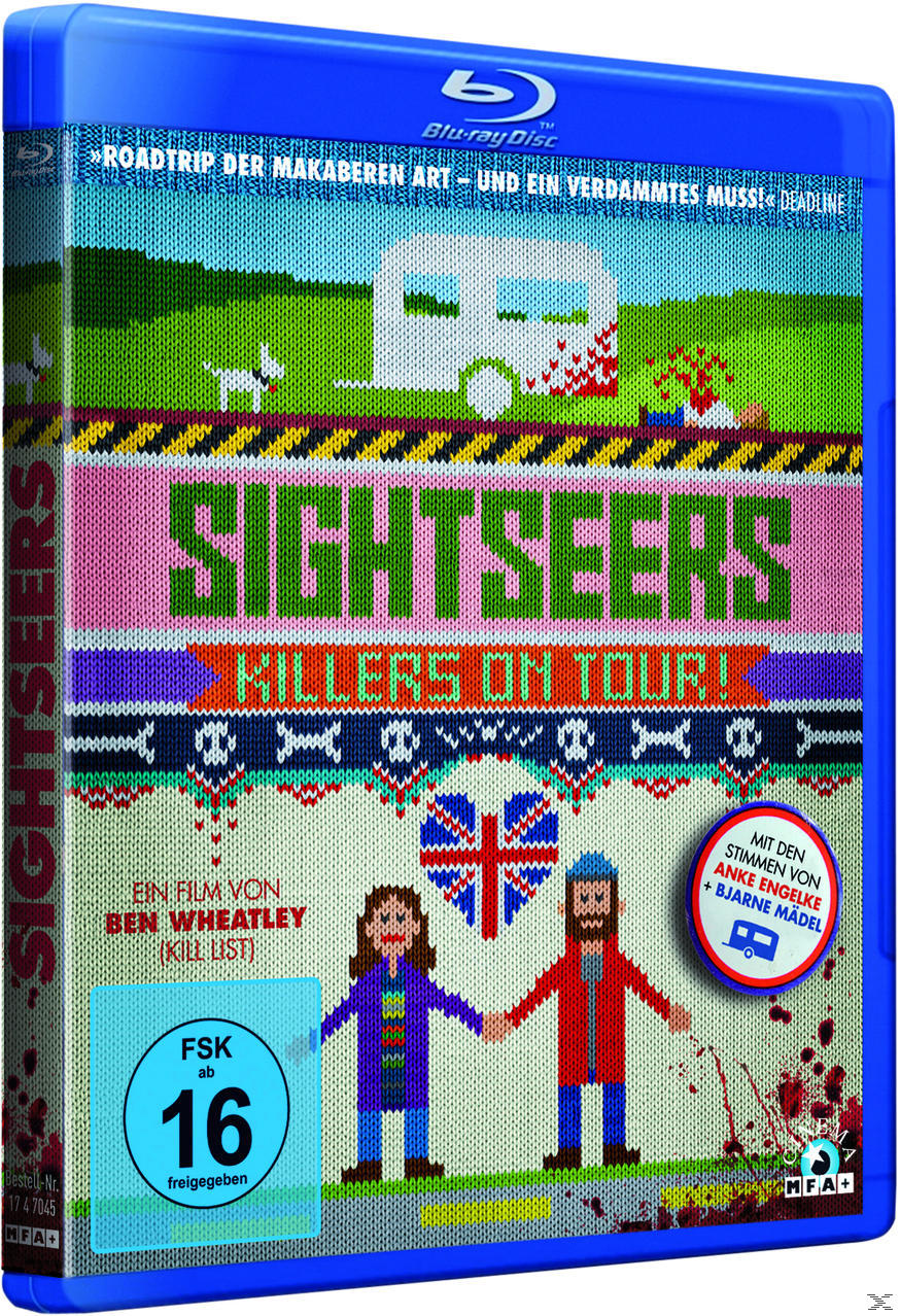 Blu-ray-Cover für 'Sightseers' mit farbenfrohem Strickdesign und Cartoonfiguren. FSK 16-Aufkleber.