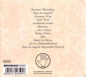 Album-Rückseite mit Songtiteln und Texten. Beigefarbener Hintergrund mit einem Handsymbol.