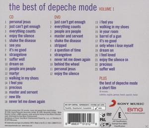 Rückseite des Albums 'The Best of Depeche Mode'. Trackliste mit Songs, DVD- und CD-Informationen. Sony Music Logo.