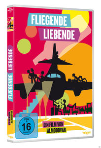 DVD-Cover für Fliegende Liebende. Flugzeugillustration und Menschen. Roter und gelber Hintergrund.