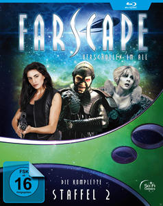 Farscape DVD-Cover. Drei Personen stehen im Zentrum, darüber ein Raumschiff. Der Titel steht oben.