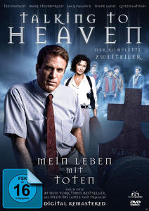 DVD-Cover für 'Talking to Heaven', mit einem Mann, einer Frau und einer Friedhofsszene.