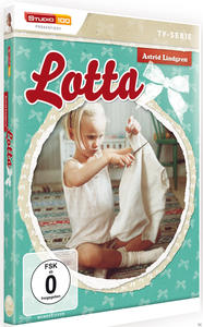 DVD-Cover eines Mädchens, das ein Kleid schneidet. Zeigt den Titel 'Lotta' und eine Schleife.