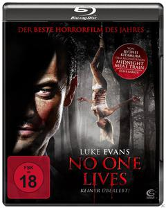 Filmposter für "No One Lives" mit einem Männergesicht und einer hängenden Frau. FSK 18 Bewertung sichtbar.