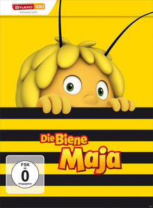 DVD-Cover von "Die Biene Maja". Eine gelbe Biene lächelt und lugt hinter schwarz-gelben Streifen hervor.