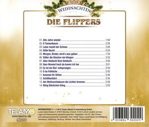 CD-Rückseite mit Weihnachtsliedliste und dem Titel 'Die Flippers'. Weißer Hintergrund mit Text.