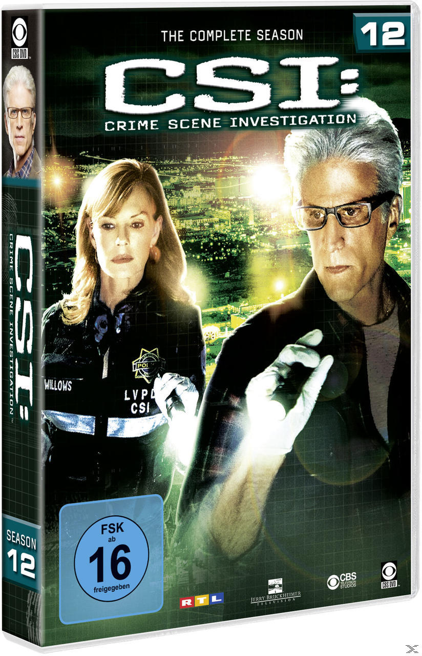DVD-Cover für CSI Staffel 12. Zwei Personen stehen im Vordergrund, mit Stadtkulisse.