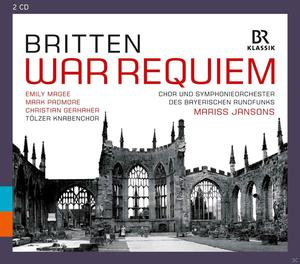 Albumcover mit Ruinengebäude und Text für 'Britten War Requiem'.