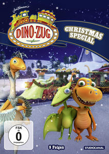 DVD-Cover: Zeichentrick-Dinosaurier auf einem Zug mit Winterszene. Text: 'Dino-Zug Christmas Special'.
