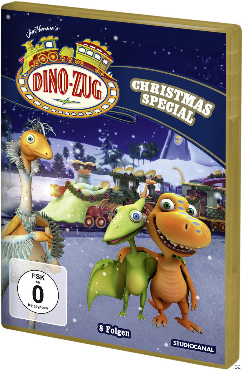 DVD-Cover von Dino-Zug, Weihnachtsspecial. Enthält animierte Dinosaurier und einen Zug in einer Schneeszene.