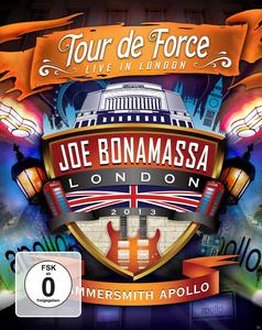 DVD-Cover. Joe Bonamassa mit dem Titel London 2013. Ein Schild mit dem Union Jack und Gitarren.