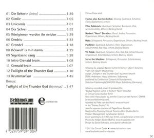 CD-Rückseite, eine Trackliste für ein Album von Behkomum, mit Text und einem Barcode.