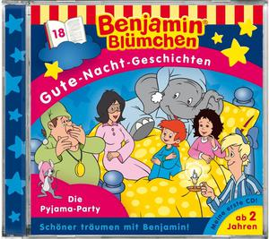 CD-Cover mit Cartoon-Familie im Bett, Elefant, Text 'Benjamin Blümchen' und 'Gute-Nacht-Geschichten'.