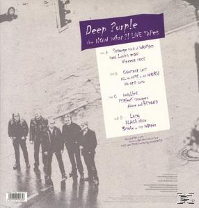 Rückseite eines Deep Purple Albums mit Titellisten und Bandmitgliedern auf der Straße.