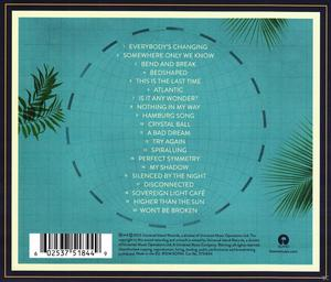 Rückseite einer CD-Hülle mit türkisfarbenem Hintergrund. Palmbaumzeichnungen und eine Titelliste werden angezeigt.
