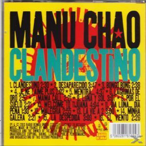 CD-Cover, Manu Chao, 'Clandestino'. Fetter Text, rote und türkisfarbene Farben, Trackliste links.