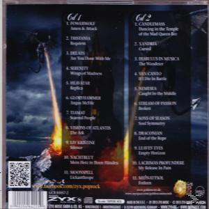 CD-Rückseite mit zwei Songlisten, einem Hintergrund aus Feuer und einem dunklen Himmel.