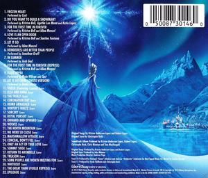 CD-Rückseite: Frozen-Soundtrack, Elsa auf einem schneebedeckten Berg. Text und Titelliste. Blautöne.