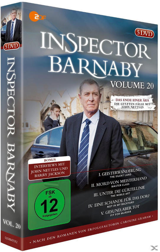 DVD-Box: Inspector Barnaby, Mann im Anzug, Text, Auto und Bonusmaterial.