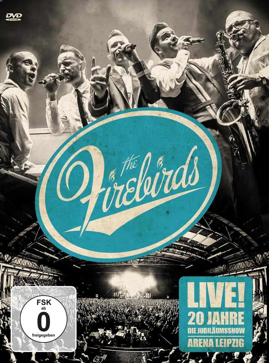 DVD-Cover mit einer Band auf der Bühne, die live spielt. Text: 'The Firebirds LIVE! 20 Jahre'.