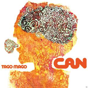 Albumcover für CAN Tago Mago. Eine Kopfkontur mit einer gehirnartigen Illustration in Orange und Weiß. Das CAN-Logo ist sichtbar.