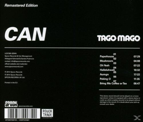 Album-Rückseite mit Titelliste, Künstlername "CAN" und Informationen auf schwarzem Hintergrund.