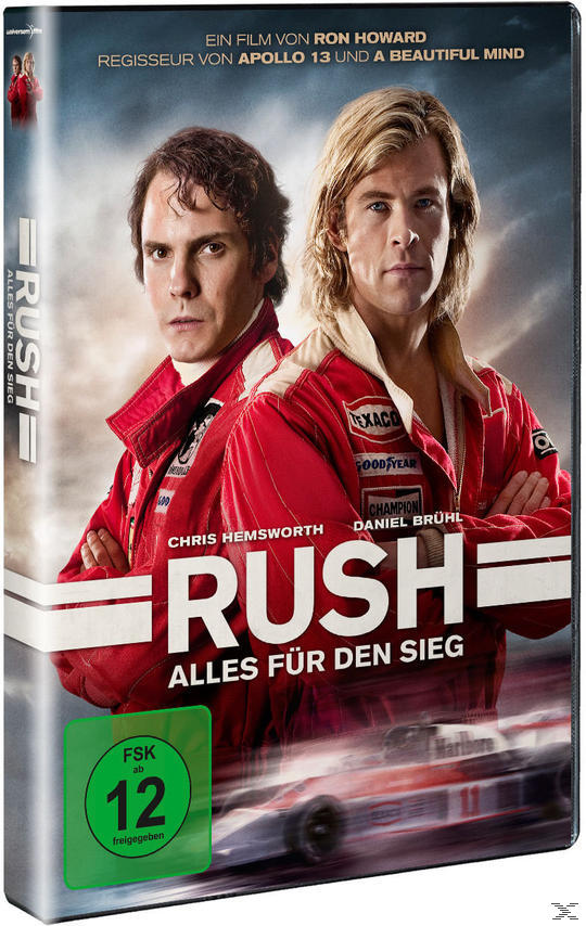 Filmcover mit Chris Hemsworth und Daniel Brühl in Rennanzügen.