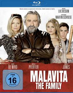 Filmplakat von "Malavita: The Family." Schauspieler: De Niro, Pfeiffer, Jones. Blu-ray-Disc.