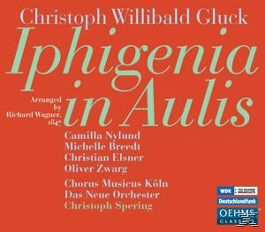 Albumcover, Christoph Willibald Gluck, 'Iphigenie in Aulis'. Roter Hintergrund, weißer Text, Noten.