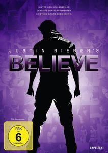DVD-Cover für Justin Biebers 'Believe', Silhouette von Bieber, lila Hintergrund.