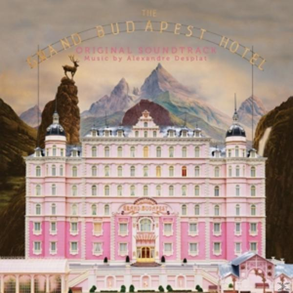 The Grand Budapest Hotel Soundtrack CD-Cover mit rosa Gebäude und Bergen.