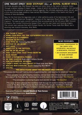 DVD-Cover: Rod Stewart Live. Enthält Konzertdetails, Songliste und Sonderausstattung auf schwarzem Hintergrund.