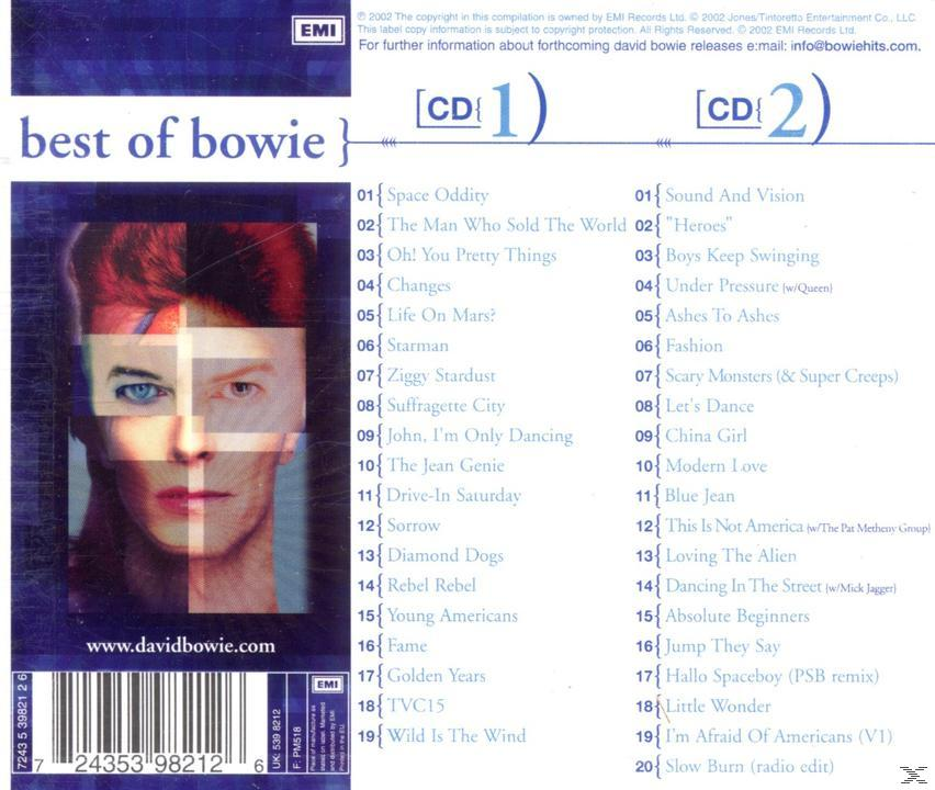 CD-Cover mit David Bowies Gesicht und Titelliste.