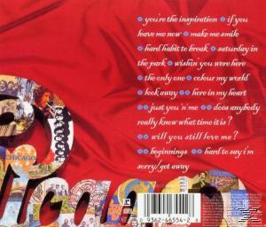 Rückseite einer CD mit rotem Hintergrund und Songtiteln in Blau, mit einem Logo von Chicago.