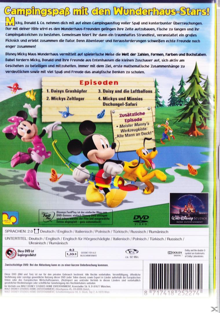 DVD-Cover von Disney-Figuren, Mickey, Minnie, Donald und Pluto, in einer Campingszene.