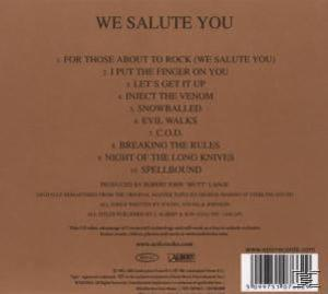 Album-Rückseite mit Trackliste 'We Salute You'. Brauner Hintergrund. Weißer Text.