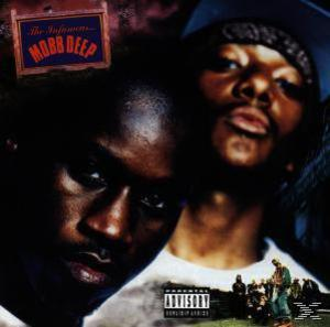 Albumcover mit zwei Männern, einer im Vordergrund, Text: 'The Infamous MOBB DEEP', Hinweislabel.