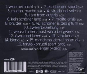 Albumcover mit Text und einer Titelliste auf Deutsch, auf einem Schwarz-Weiß-Hintergrund.