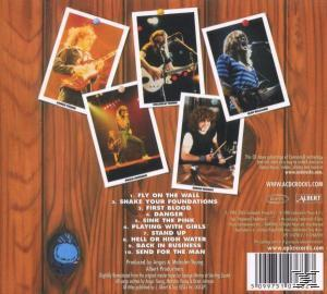 CD-Cover: Verschiedene Fotos einer Band, die auf der Bühne auftritt. Holziger Hintergrund.