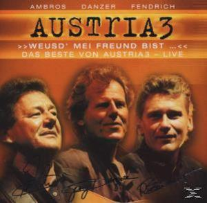 Albumcover mit drei Männern. Der Titel lautet 'Austia3', und sie stehen vor einem orangen Hintergrund.