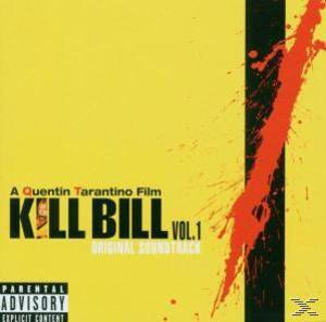 Albumcover für "Kill Bill Vol. 1" mit gelbem Hintergrund, schwarzen und roten vertikalen Streifen und Text.